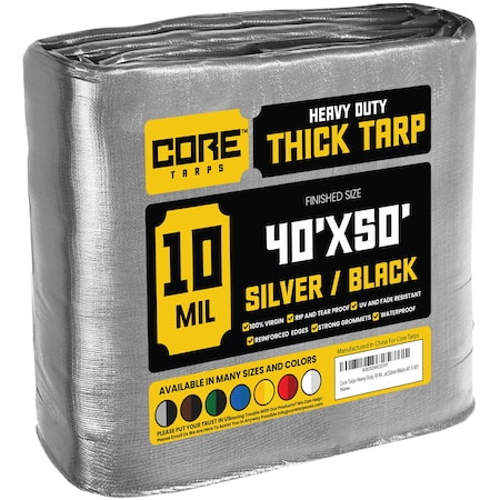 Core Tarps Heavy Duty Tarp, 50 ft L x 0.5 mm H x 40 ft W, 10 Mil, Silver/Black, Polyethylene CT-601-40X50
